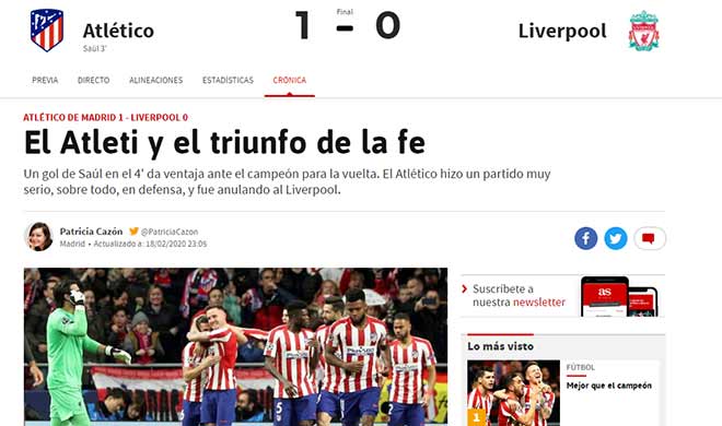 "Atletico và chiến thắng của niềm tin", tiêu đề trên tờ AS