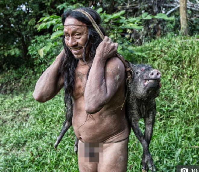 Một người đàn ông trong bộ lạc đang cõng chiến lợi phẩm là một con lợn rừng.