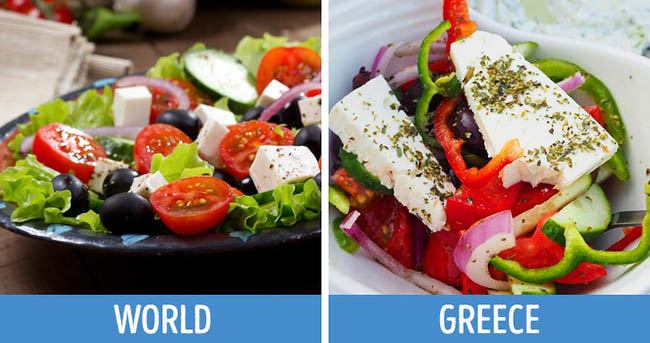 9. Món salad được người Hy Lạp cực kỳ thích ăn

Người Hy Lạp rất thích ăn salad, lúc nào trong bữa ăn của họ cũng đều có món này. Thành phần salad chủ yếu là dưa chuột, hành tây, quả ô liu, rau mùi... và được cắt thành từng khối vuông nhỏ.
