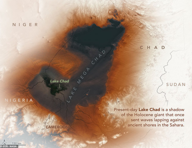 Hồ nước "ma" Mega Chad rộng hơn cả biển Caspi được đồ họa dựa theo ảnh vệ tinh - ảnh: ESO/NASA