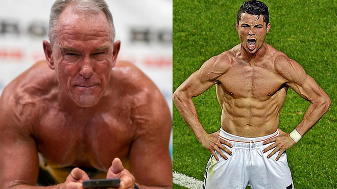 Ronaldo (phải) có tuổi sinh học cực khỏe, có thể thi đấu tới 40 tuổi còn ông George Hood thì có cơ thể đẹp, mạnh mẽ nhất ở tuổi 62