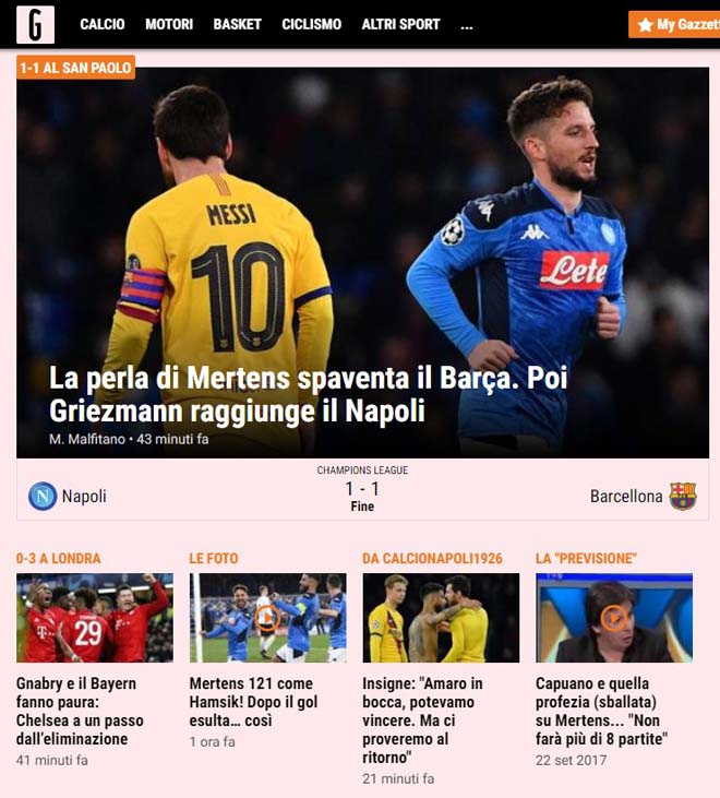 Gazzetta dello Sport tin rằng Mertens đã chơi hay hơn Messi