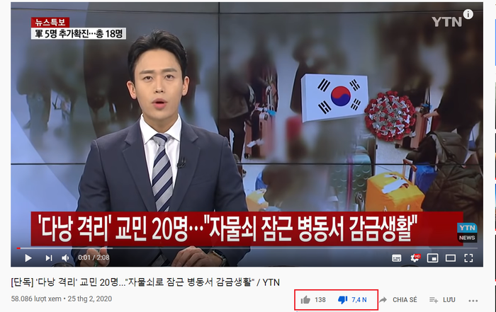 Bản tin của kênh YNT News nói về 20 du khách Hàn bị cách ly ở Đà Nẵng nhận lượng dislike khủng