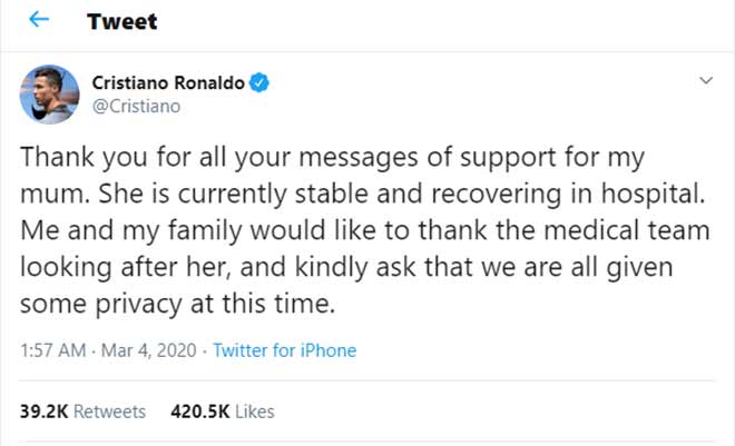 Ronaldo cảm ơn các fan trên Twitter