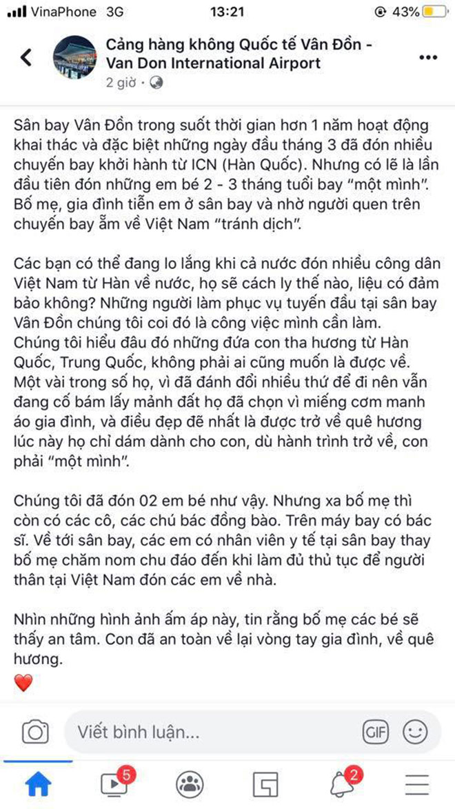 Câu chuyện cháu bé 2 - 3 tháng tuổi từ Hàn Quốc về nước được chia sẻ trên mạng xã hội (Ảnh: Chụp màn hình)