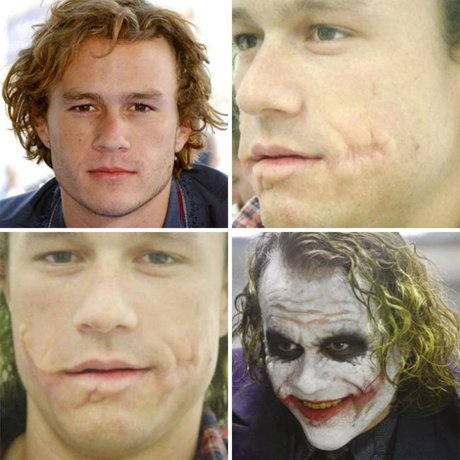 Trong &#34;The Dark Knight&#34;, nhân viên hóa trang đã tạo hình vết sẹo thật trên khuôn mặt của Heath Ledger rồi mới tô son đánh phấn để tạo ra một Joker hoàn hảo nhất từ trước đến nay.