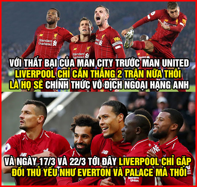 Với việc Man City thua MU, Liverpool chỉ cần 2 trận thắng nữa để vô địch.