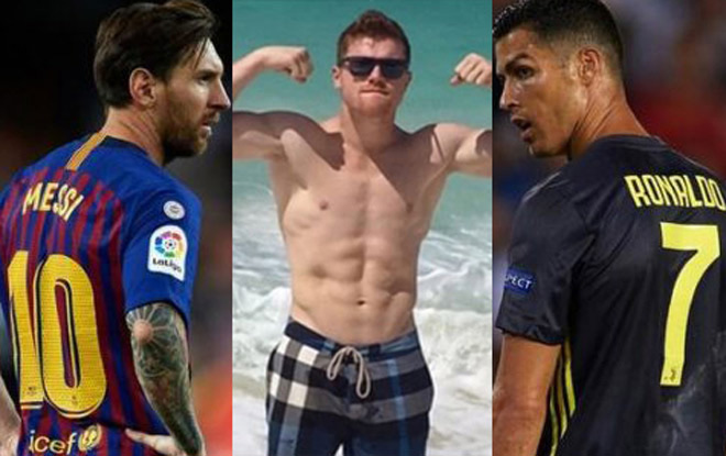 Canelo Alvarez (giữa) chơi 1 trận bằng Messi (trái), Ronaldo (phải) đá cả mùa