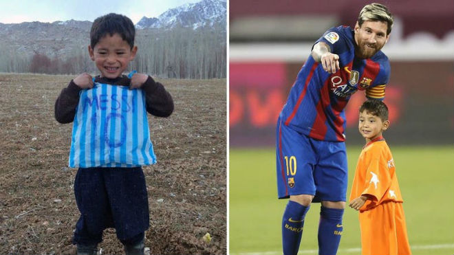 Cậu bé mặc áo nil-lông&nbsp;tự chế in tên Messi đã được gặp thần tượng của mình ngoài đời thực