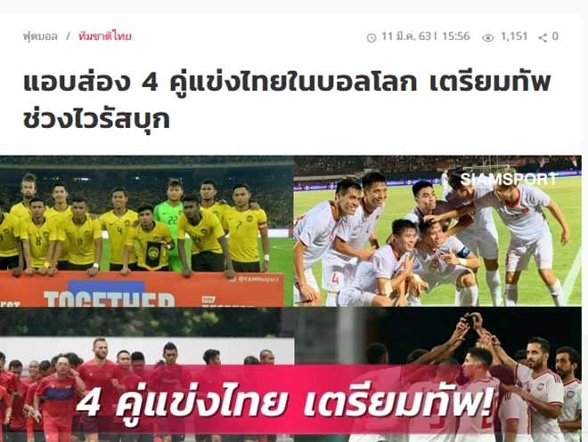 Tờ Siam Sport (Thái Lan) đưa tin về kế hoạch tập trung của các đối thủ ở bảng G trong dịp FIFA Days tới