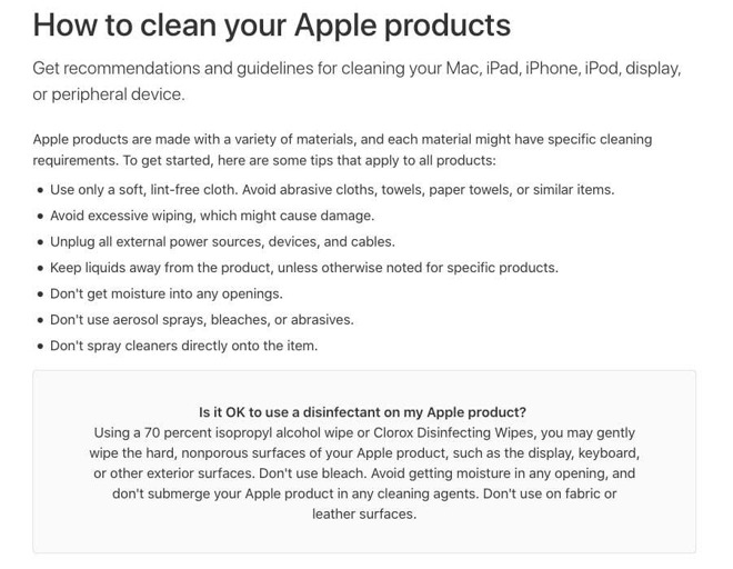 Hướng dẫn làm sạch thiết bị của Apple.