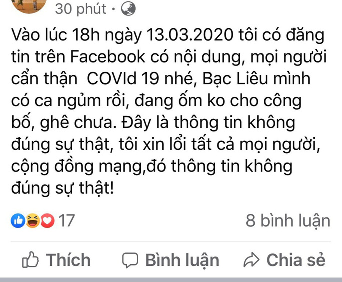 T. đã đăng lời xin lỗi trên tài khoản Facebook của mình