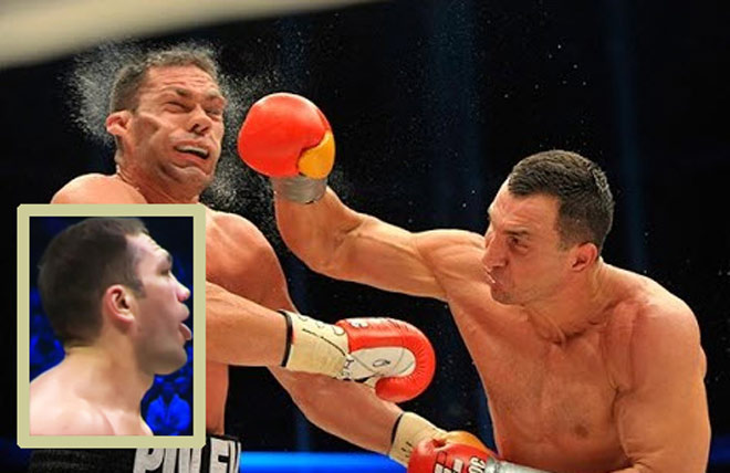 Pulev (trái) thè lưỡi khiêu khích bị đấm gục