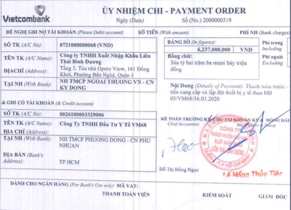 Biên lai chuyển tiền ủng hộ chống dịch Covid-19 của công ty do bố mẹ Tiên Nguyễn đứng đầu.