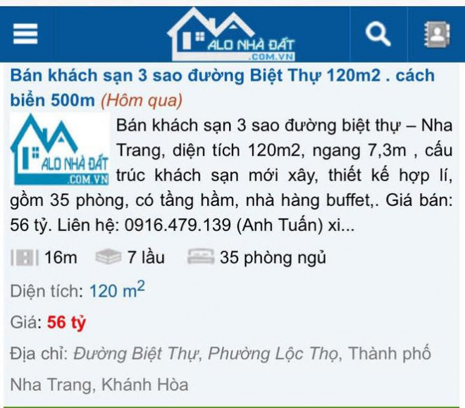 Một khách sạn 3 sao ở TP Nha Trang được rao bán trên mạng