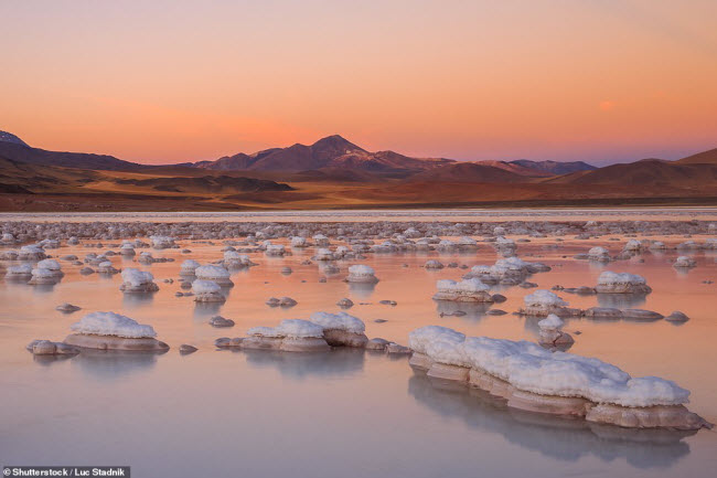 Cánh đồng muối Salar de Atacama ở Chile gây ấn tượng với hàng nghìn cấu trúc muối nhỏ, tạo nên cảnh đẹp như mơ.
