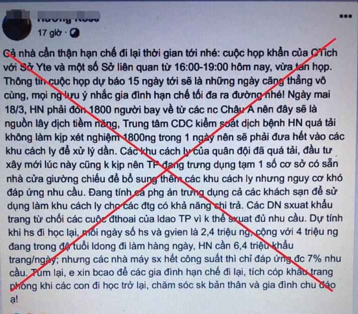 Thông tin thất thiệt Hà Nội "vỡ trận" được đăng tải trên mạng xã hội.