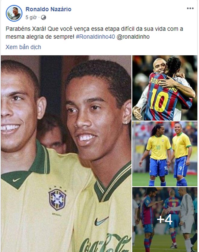 Ronaldo "béo" chúc Ronaldinho sinh nhật vui vẻ và sớm vượt qua nghịch cảnh hiện tại