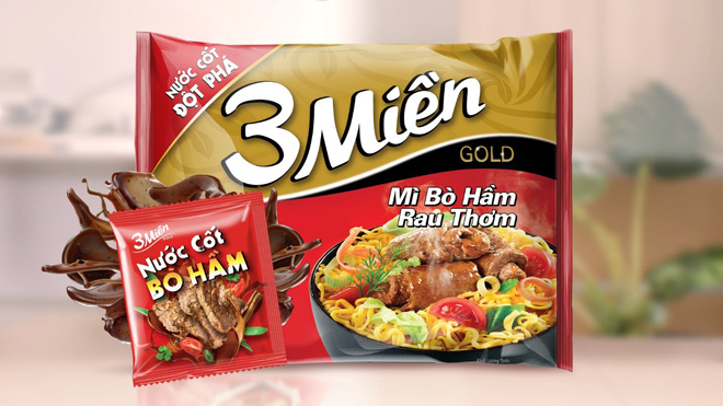 Mì 3 Miền Gold Bò Hầm Rau Thơm đột phá với gói Nước Cốt Bò Hầm thật đậm đà, thêm chất thịt