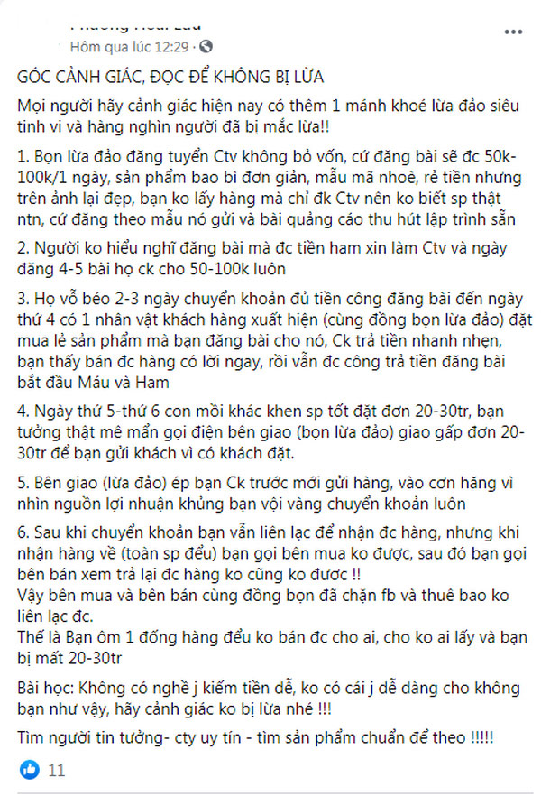 Một lời cảnh báo với những người nhẹ dạ, cả tin vào việc kiếm tiền dễ qua việc bán hàng online - Ảnh chụp màn hình