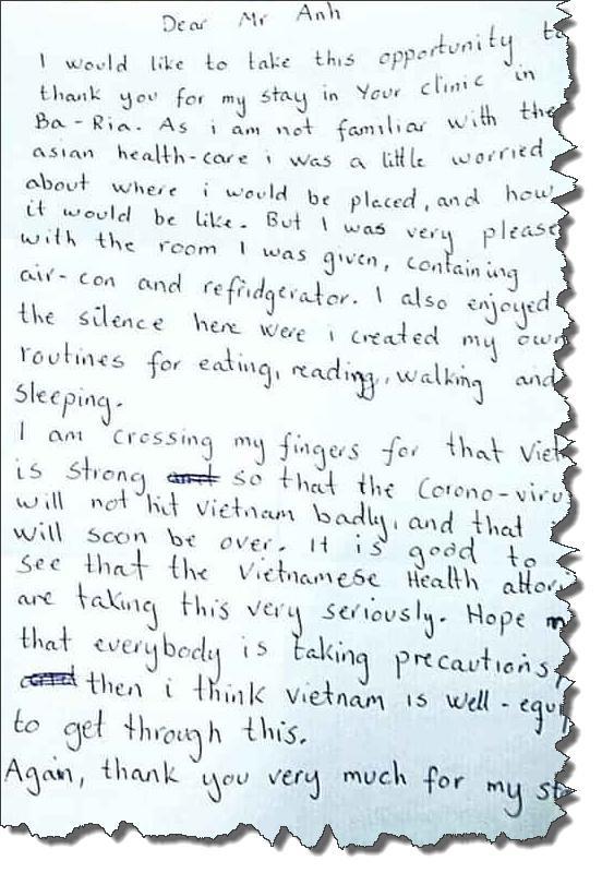 Nội dung bức thư tay ông Stian Wiik gửi ông Đỗ Ngọc Anh cùng nhân viên y tế tại khu cách ly tỉnh Bà Rịa-Vũng Tàu
