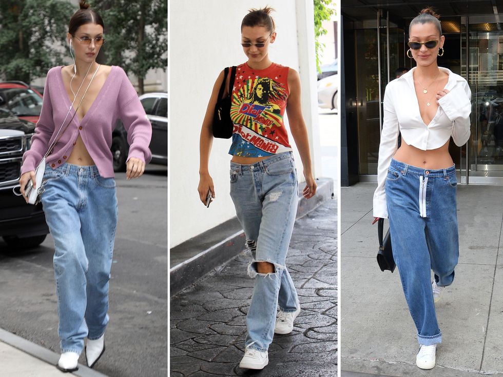 Bella Hadid là người mẫu thường xuyên diện kiểu mốt quần cạp trễ. Cô kết hợp chúng với áo croptop, áo phông,...