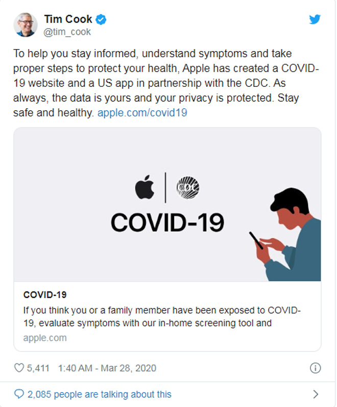 CEO Apple - Tim Cook giới thiệu trang web Covid-19 trên trang Twitter cá nhân.