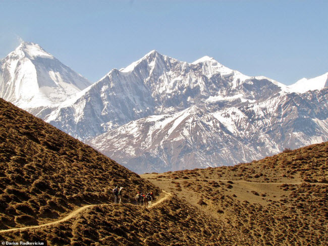 Darius Radkevicius ghi lại phong cảnh dưới chân núi Dhaulagiri trong hành trình đi bộ khám phá vùng Upper Mustang. Với chiều cao 8.167 m, Dhaulagiri là ngọn núi cao thứ 7 trên thế giới.
