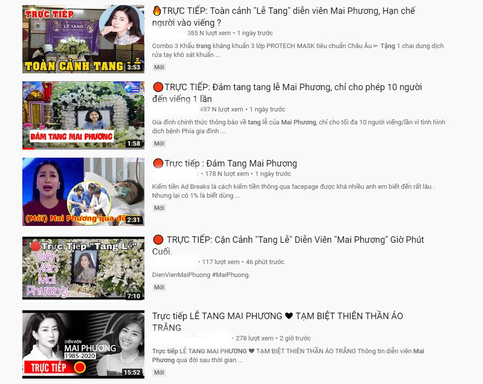 YouTube tràn ngập video giả đám tang Mai Phương