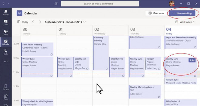 Để xem chi tiết nội dung buổi họp, danh sách người tham dự cũng như phản hồi thông tin, hãy bấm vào buổi họp đó. Tổ chức buổi họp trực tuyến qua Teams bằng cách chọn phần Calendar, sau đó bấm New Meeting.