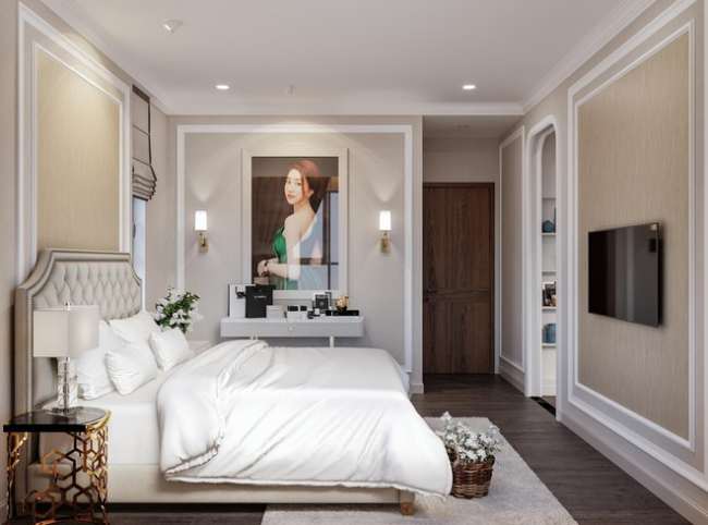 Phòng ngủ của Huỳnh Hồng Loan rộng rãi, được trang trí bằng màu trắng và xám làm chủ đạo tạo không gian ấm áp. 
