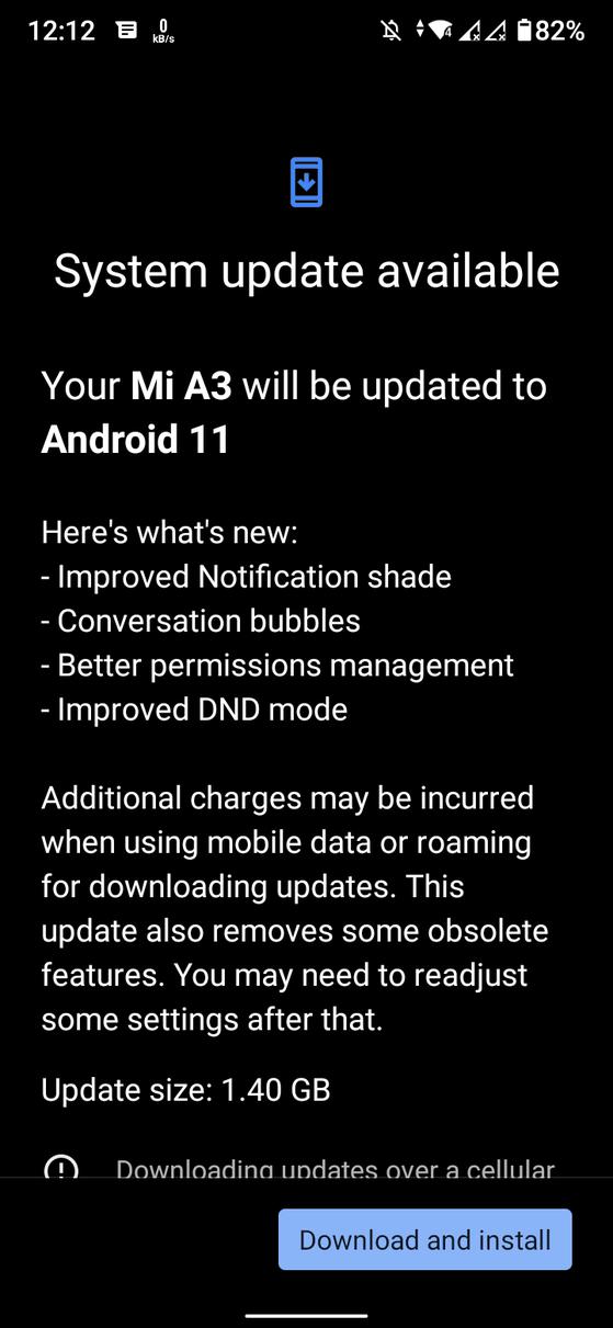 Bản cập nhật Android 11 trên Xiaomi Mi A3. Ảnh: Reddit