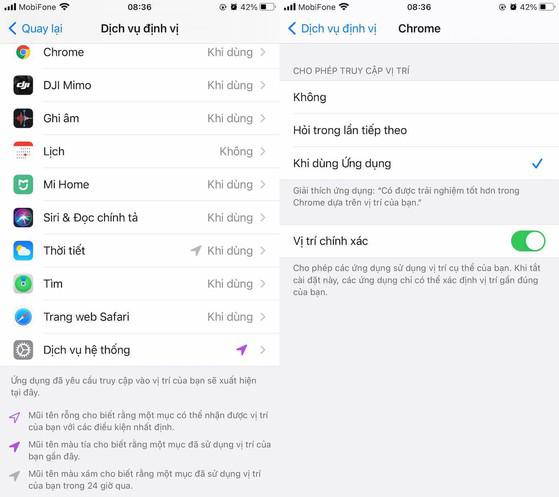 Kiểm tra và thay đổi quyền truy cập vị trí của các ứng dụng trên iPhone. Ảnh: MINH HOÀNG