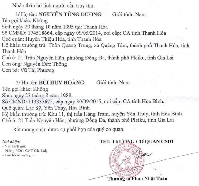 Sau nhiều lần triệu tập nhưng ông Dương, Hoàng không tới làm việc nên Công an TP Plieku đã ra quyết định truy tìm