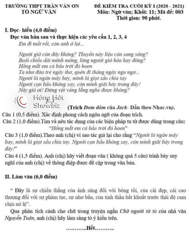 &nbsp;Đề thi cuối kì I của teen Trần Văn Ơn khiến cộng đồng mạng "dậy sóng". Ảnh: Fanpage Hóng hớt Showbiz