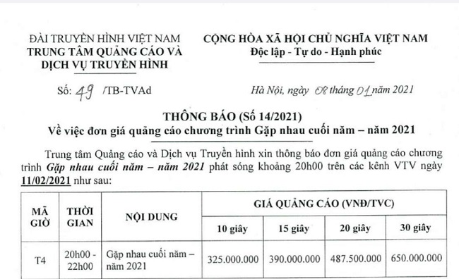 Đơn giá quảng cáo chương trình Gặp nhau cuối năm - năm&nbsp;2021 được đăng tải trên Website của TVAd chiều ngày 11/01/2021.