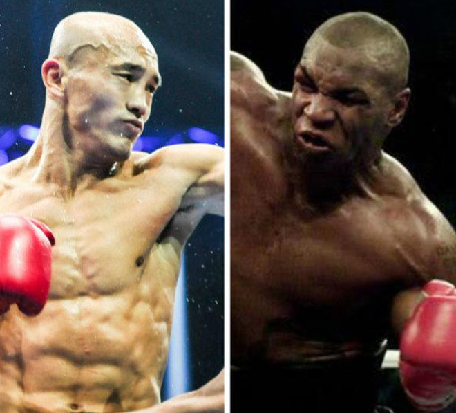 Yi Long (trái) được tài trợ khủng nhưng từ chối đấu Mike Tyson