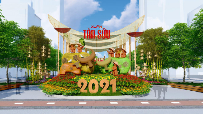 Mở đầu đường hoa Nguyễn Huệ Tết Tân Sửu 2021 là hình ảnh những con trâu - linh vật của năm được làm từ lá sen, mây tre, vỏ cừ tràm.