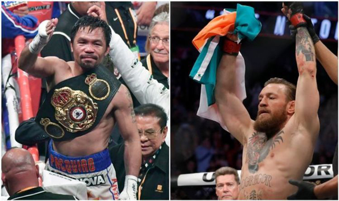 McGregor (phải) khẳng định sẽ đấu Pacquiao (trái) trong năm nay