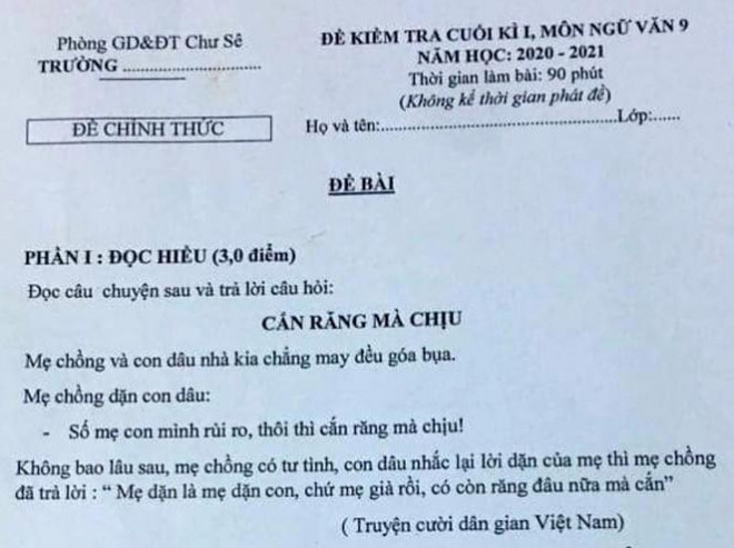 Trước đó, đề kiểm tra môn Ngữ văn lớp 9 cuối học kỳ I (2020-2021) của Phòng GD&amp;ĐT huyện Chư Sê khiến nhiều phụ huynh giật mình