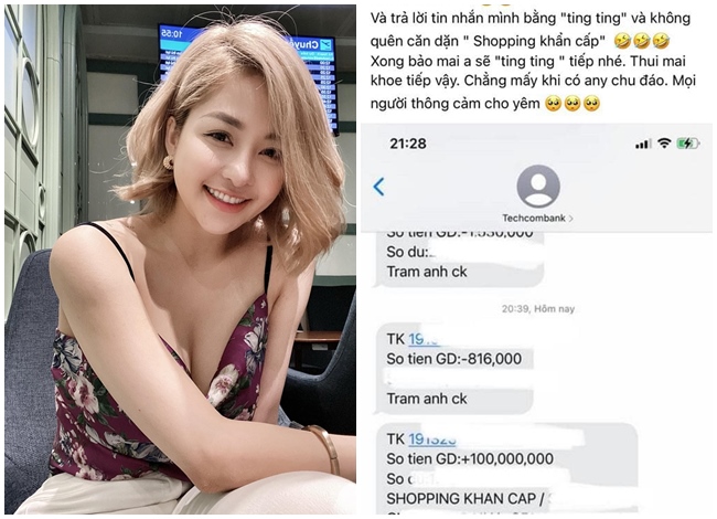 Cuối tháng 11.2020, hot girl Trâm Anh đăng ảnh chụp tin nhắn số dư tài khoản với con số 100 triệu đồng thu hút sự chú ý của cư dân mạng. Theo lời của hot girl quê Thanh Hóa, đây là số tiền do bạn trai mới của cô chuyển khoản tặng. "Góc khoe tí anh người yêu. Khi mình nhắn (biểu tượng mặt buồn) và trả lời tin nhắn mình bằng 'ting ting'', không quên căn dặn 'shopping khẩn cấp'. Xong bảo mai anh sẽ ting ting tiếp nhé. Thôi mai khoe tiếp vậy. Chẳng mấy khi có anh người yêu chu đáo. Mọi người thông cảm cho em'', Trâm Anh viết.
