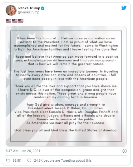 Cô Ivanka Trump&nbsp;kêu gọi người dân Mỹ cầu nguyện cho sự thành công của chính quyền Tổng thống tân cử Joe Biden. Ảnh: TWITTER