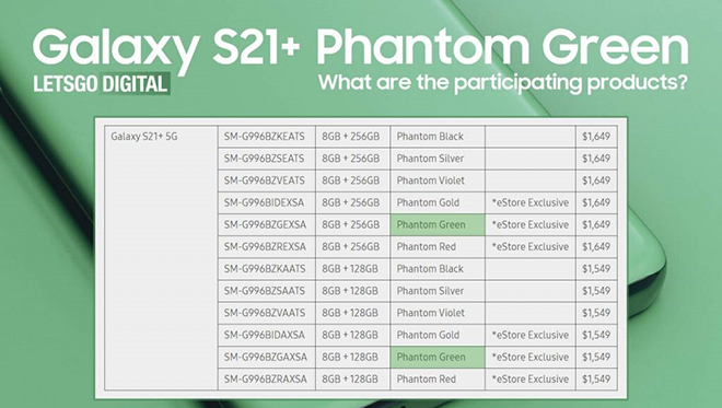 Hai phiên bản&nbsp;Galaxy S21+ có màu Xanh lá Phantom.