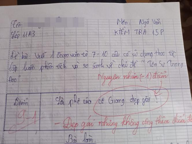 Nam sinh nịnh nọt cô giáo ngay trên bài kiểm tra và cái kết.&nbsp;