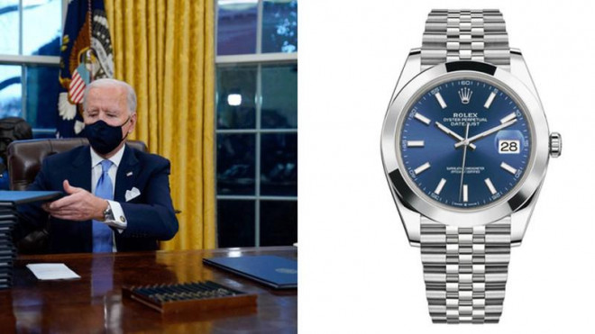 Cận cảnh chiếc đồng hồ&nbsp;Rolex Datejust vỏ thép, mặt xanh mà Tổng thống Mỹ Joe Biden đang đeo. Ảnh: AP