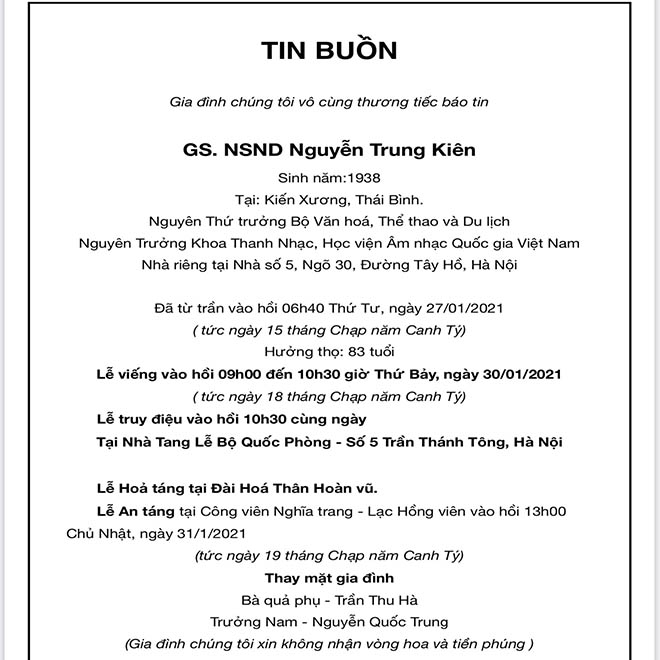 Thông tin lễ tang NSND Trung Kiên tại Hà Nội - 1