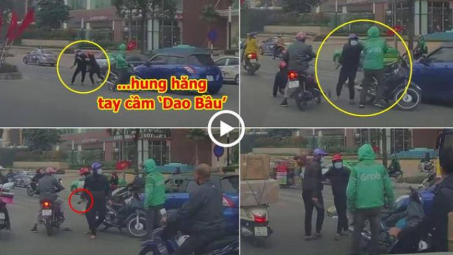 Hình ảnh thanh niên cầm dao bầu hỗn chiến với tài xế GrabBike sau va chạm giao thông tại ngã ba Tân Mai - Nguyễn Chính (quận Hoàng Mai)