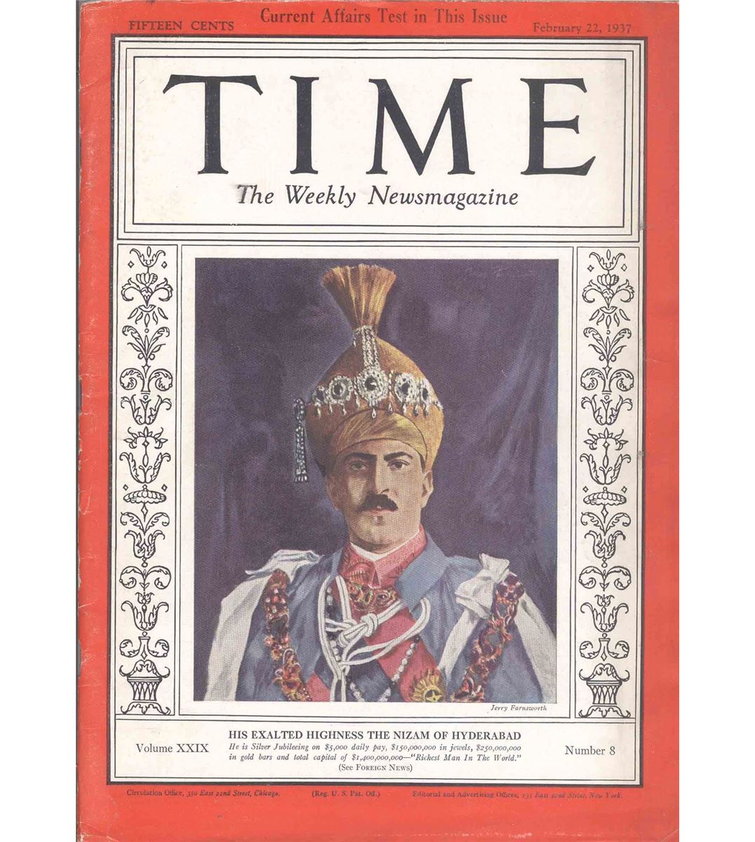 Osman Ali Khan xuất hiện trên trang bìa tạp chí TIME năm 1937.