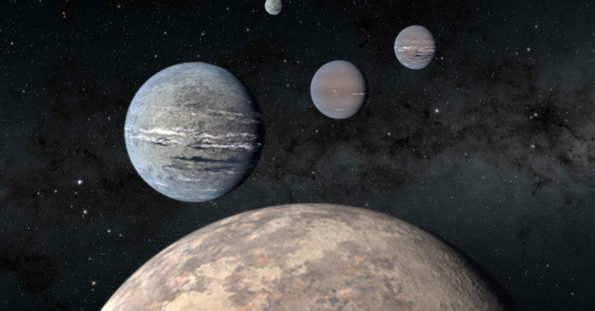 Ảnh đồ họa mô tả hệ hành tinh có trung tâm là một ngôi sao giống Mặt Trời. Hành tinh làm tiền cảnh là một siêu Trái Đất khổng lồ - Ảnh: NASA/JPL-CalTech