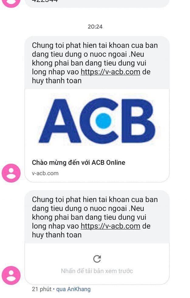 Nhiều khách hàng phản ánh nhận được những tin nhắn giả mạo ACB